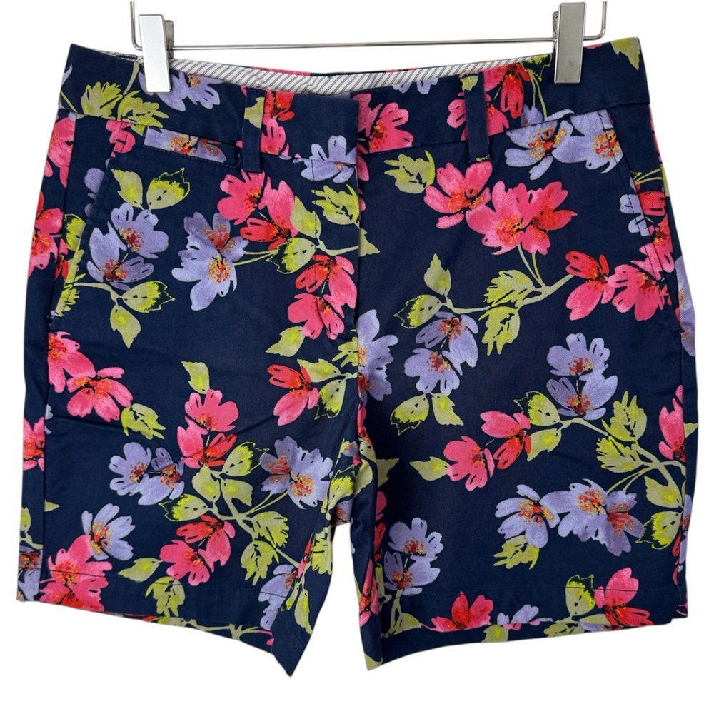 Lands’ End Women’s Navy Blue Floral Chino Midrise Cotton Shorts Size 6